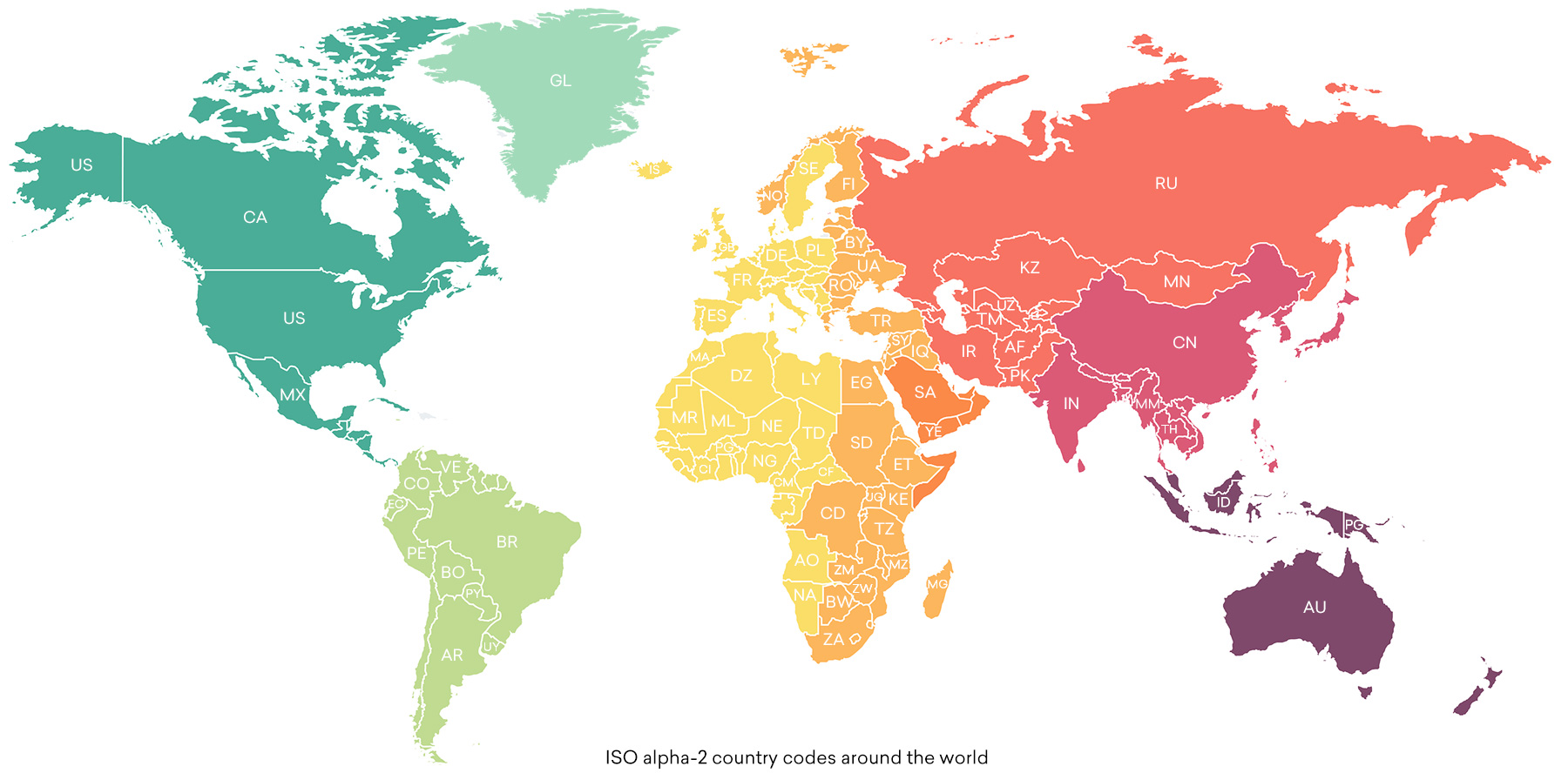 ISO Alpha-2 country codes around the world