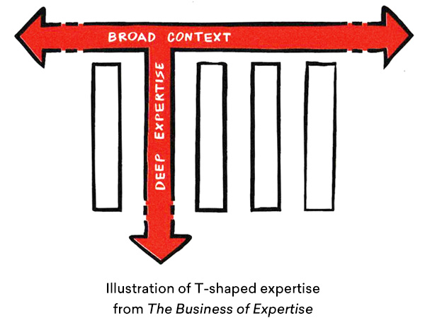 Illustration of t-shaped expertise with deep subject matter knowledge and broad context